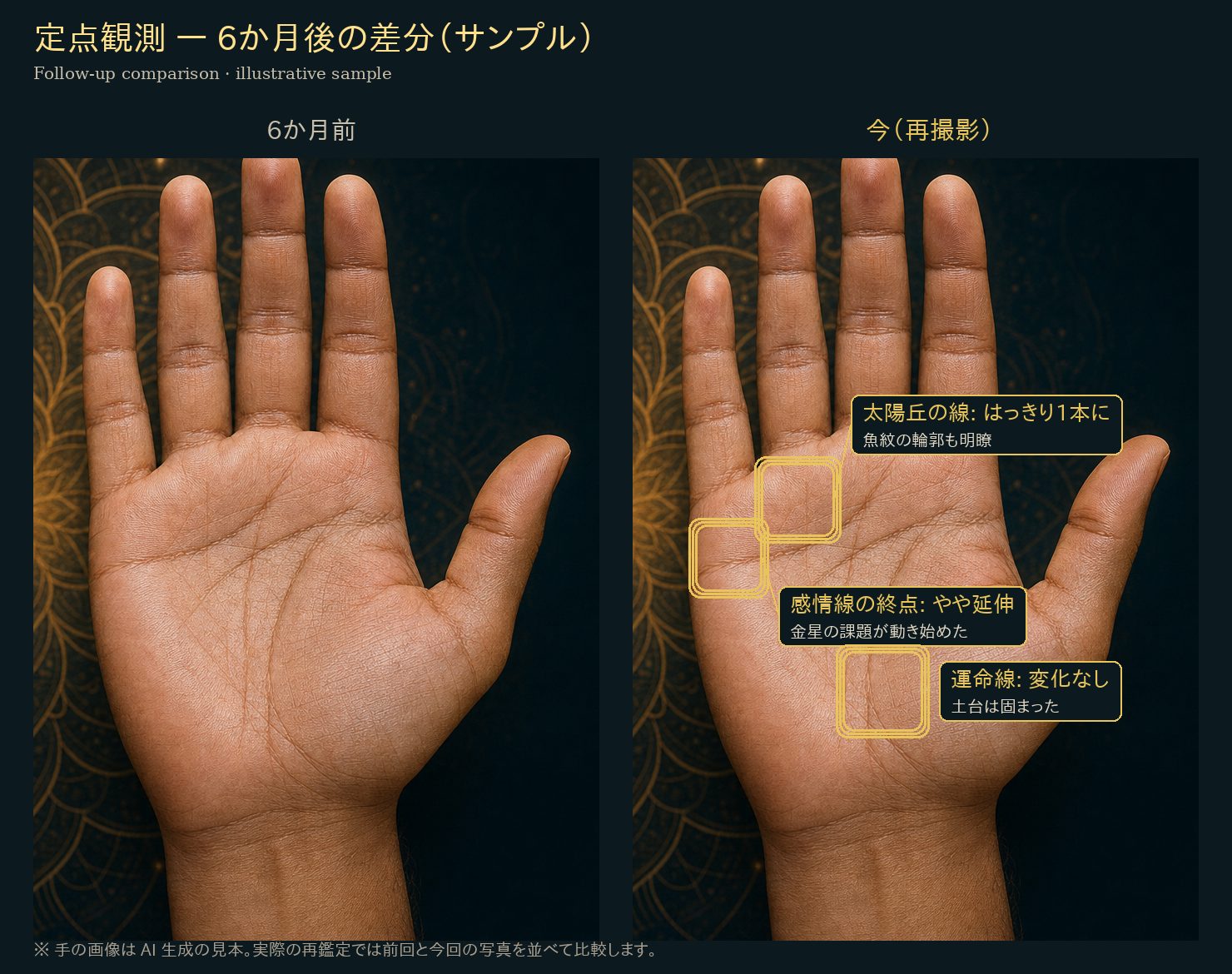 同じ右手の6か月前と今を並べ、変化した箇所を金色の枠で示したサンプル比較図
