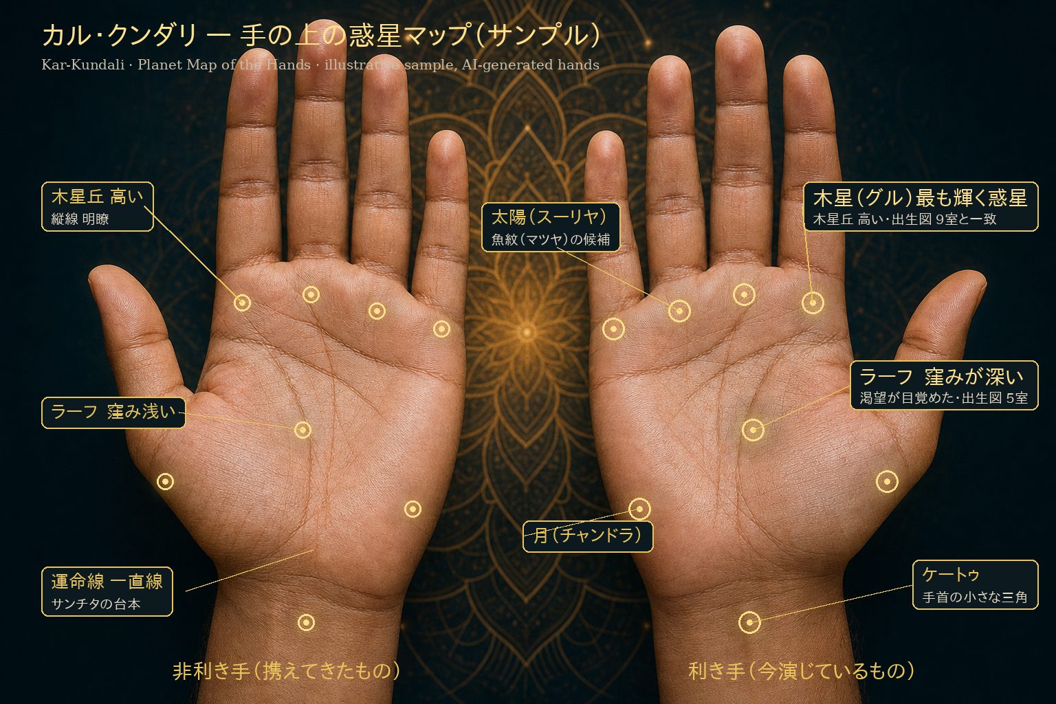 両手の写真に九つの惑星の位置を金色のラベルで重ねたサンプル図解